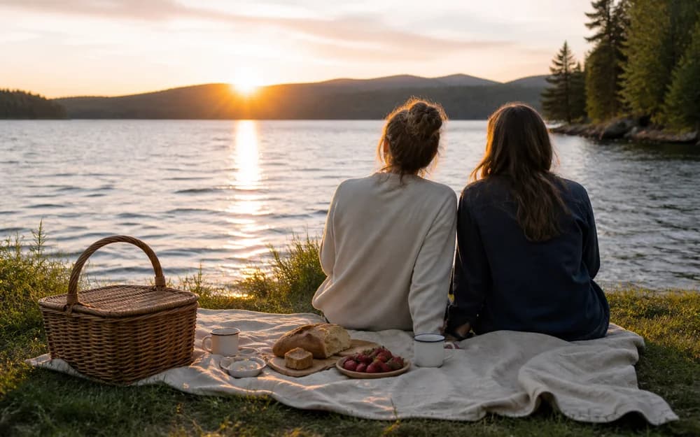 Two friends sharing a picnic on a blanket by a lake at sunset